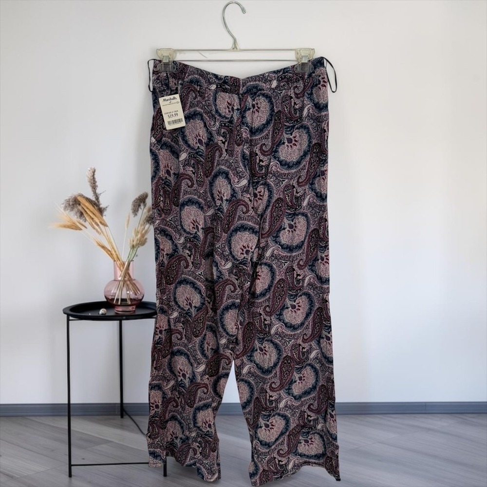 Solitaire by Ravi Khosla Paisley Wide Leg Pants Purple Blue Rayon Size L 14-1167